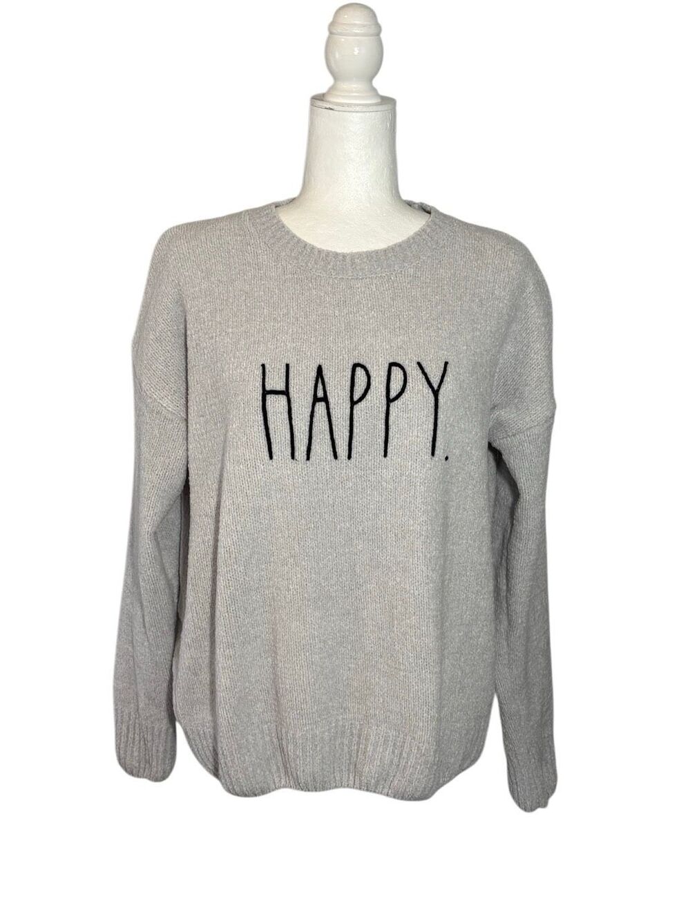 Rae Dunn “HAPPY” embroidered heathered gray knit sweater - M